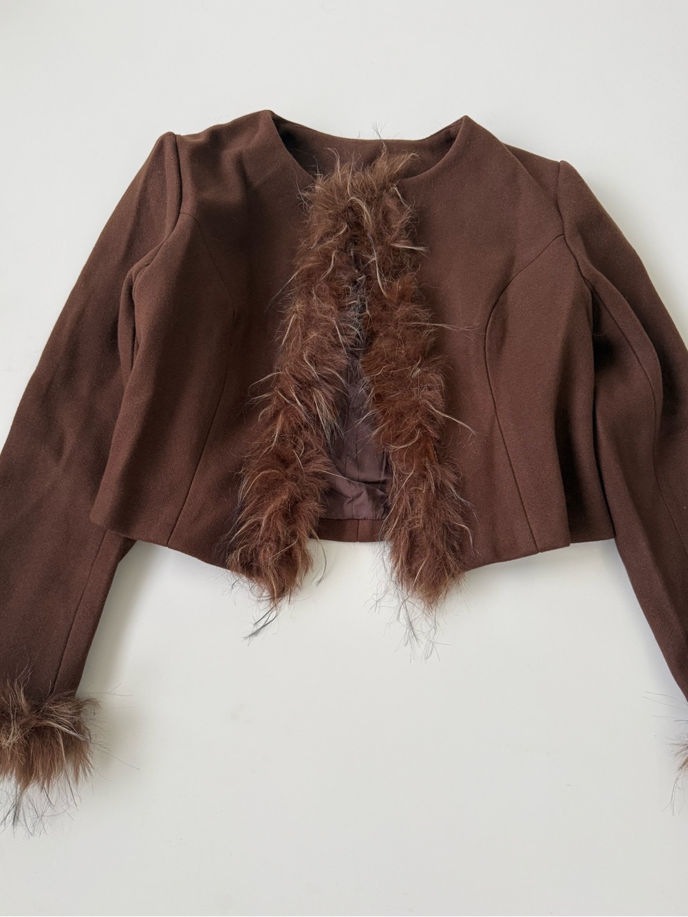 Brown Crop Jacket with Faux Fur Trim